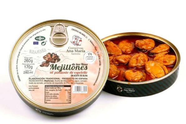 Boite de moules au piment d'Espelette - Conserves Ana Maria - Conserves de la mer de Cantabrie Espagne