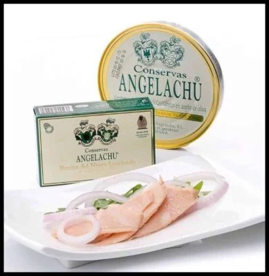 Présentation lamelles de thon bonito del norte - Angelachu - Conserves d'anchois de Santoña - Cantabrie